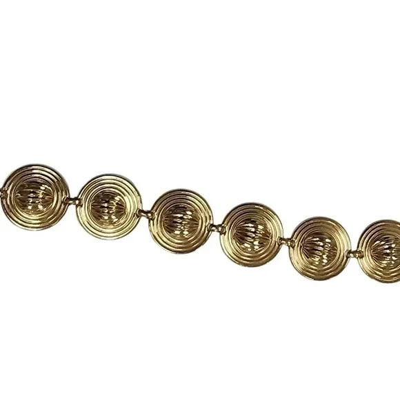 Vintage Round Panel Link Bangle Bracelet Gold Tone Spring Ring Closure - Picture 2 of 2